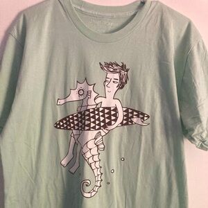 Steezy tshirt SZ L 100% cotton LT green surfer riding a sea horse.